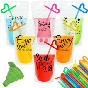 ozera 50 pcs drink pouches for adults, reusable drink pouches with straws funnel, funny text juice pouches for adults teen, novelty hand-held plastic smoothie pouches for drinks(5 styles)