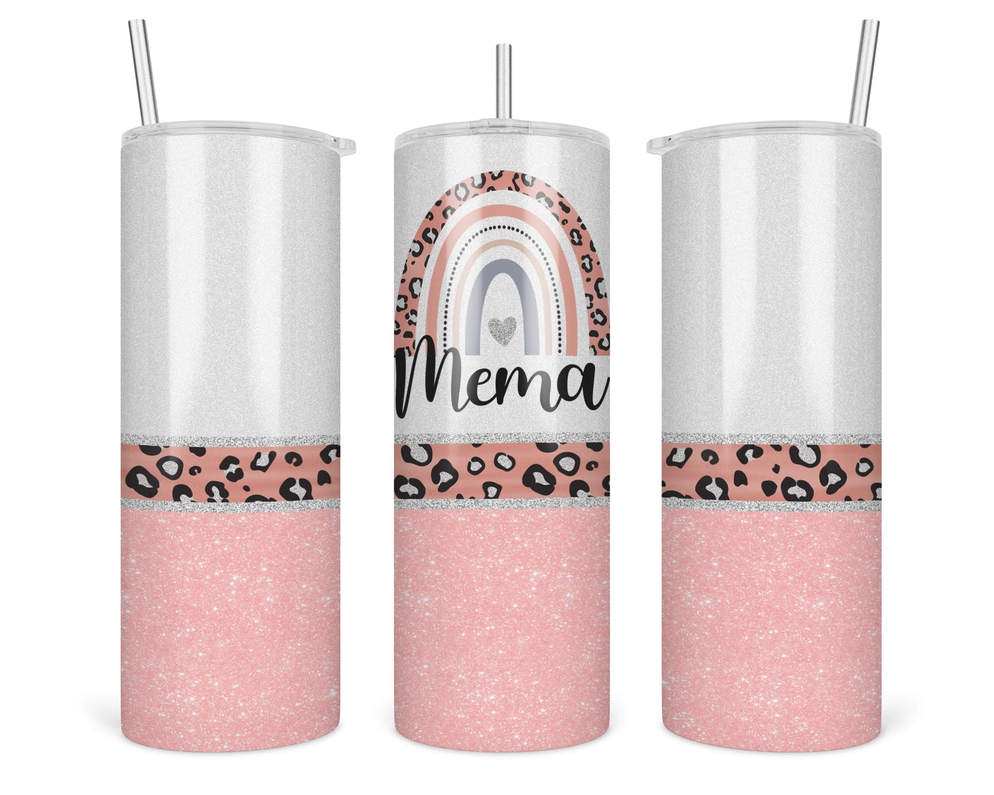 TunlaStore Leopard Mema Tumbler - Mema Rainbow Tumbler - Mothers Day Gifts Mema - Leopard Rainbow Mema Travel Cup - Tumbler With Straw And Lid - 20 Oz - Insulated Stainless Steel White