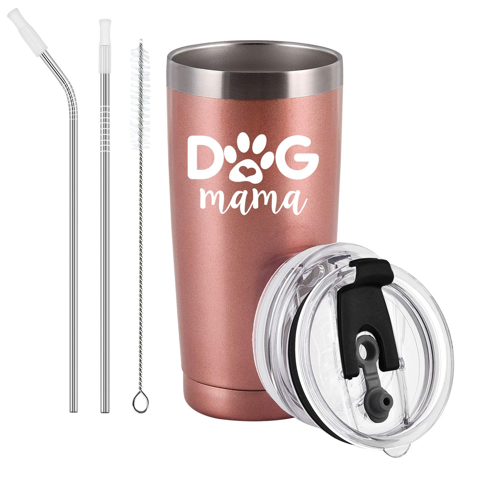 Dog Mom Gifts, Dog Mama Travel Tumbler with Lids, Dog Lover Gift for Women, Dog Mom, Dog Owner, Friends, Funny Christmas Birthday Mothers Day Gifts, 20 Oz Insulated Stainless Steel Tumbler, Rose Gold