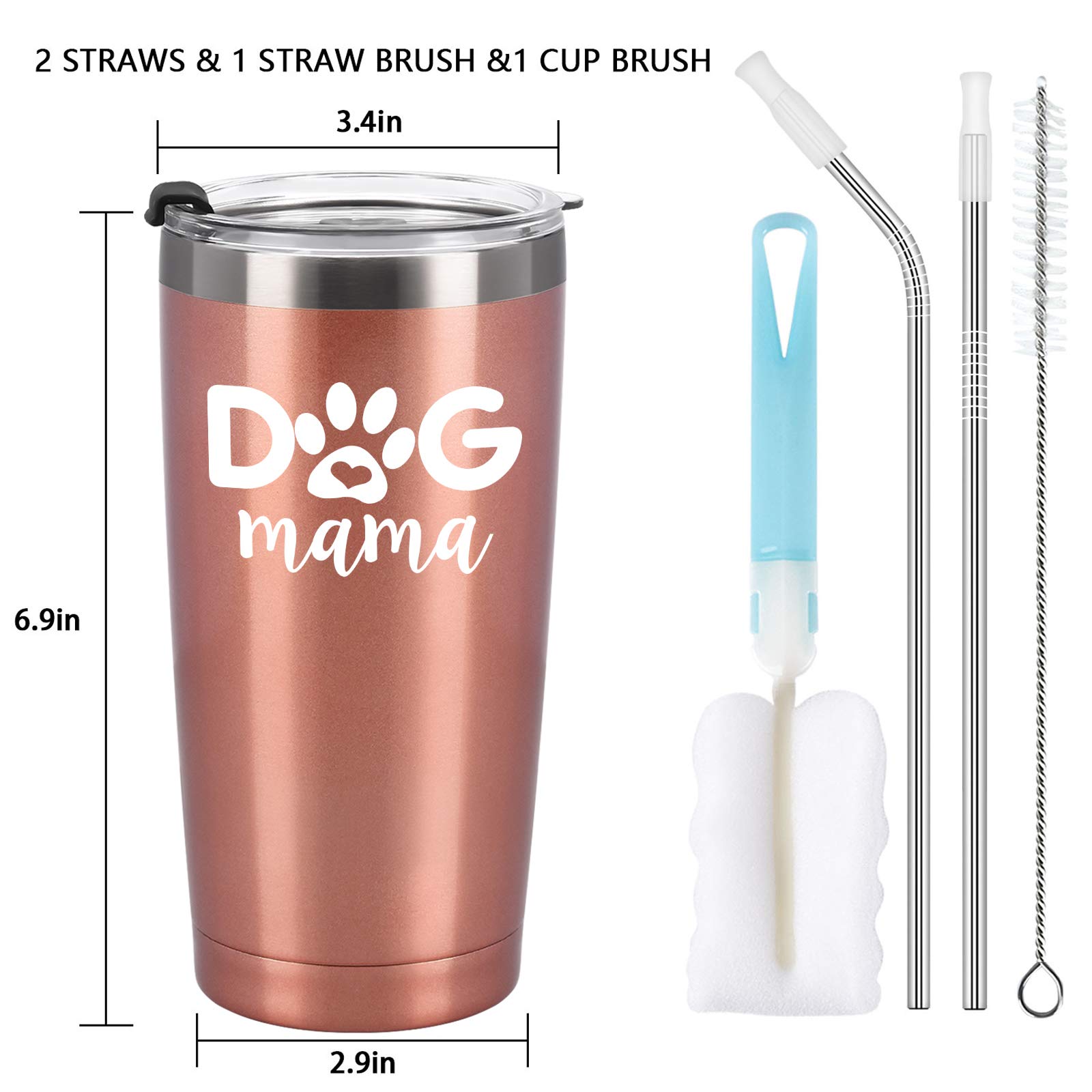 Dog Mom Gifts, Dog Mama Travel Tumbler with Lids, Dog Lover Gift for Women, Dog Mom, Dog Owner, Friends, Funny Christmas Birthday Mothers Day Gifts, 20 Oz Insulated Stainless Steel Tumbler, Rose Gold