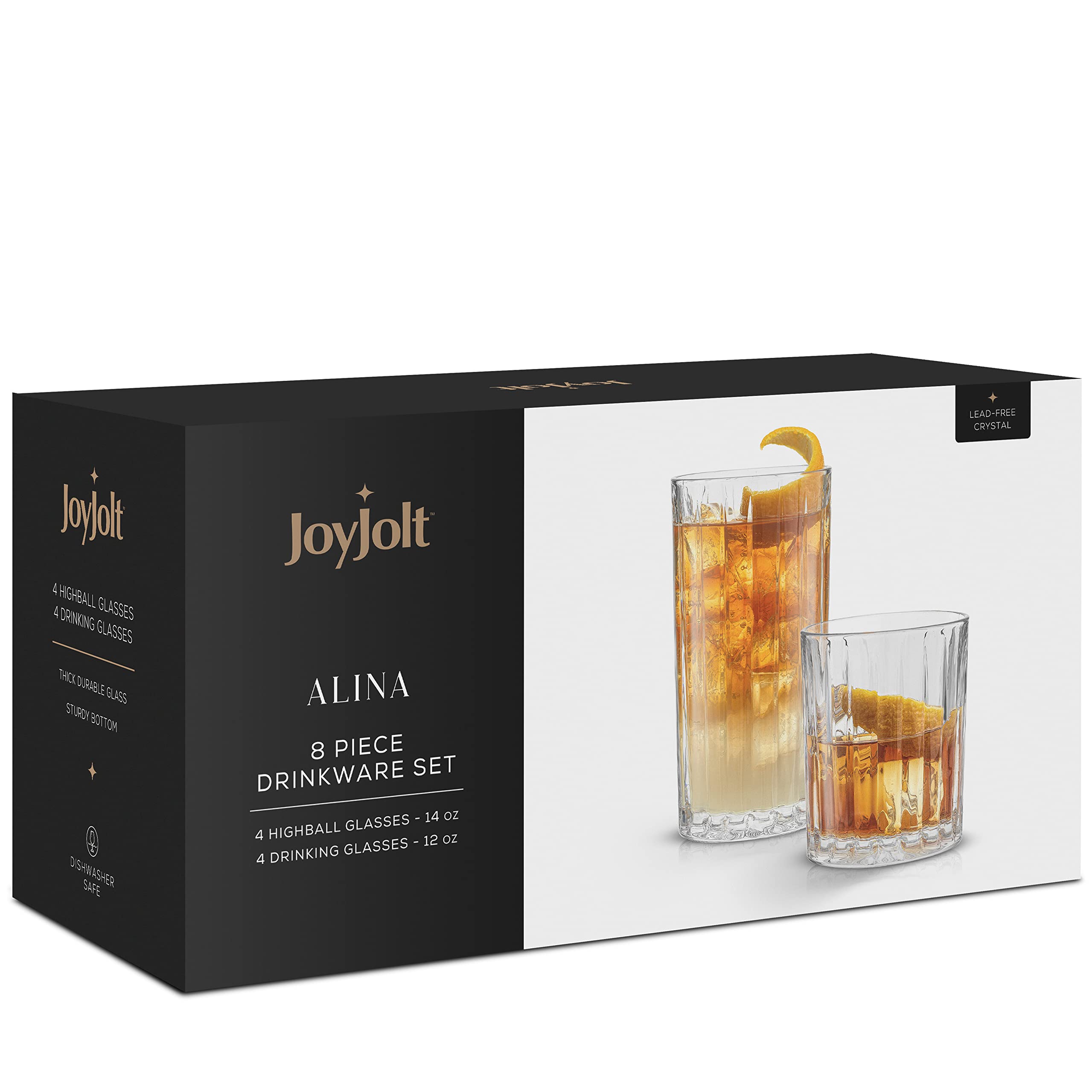 JoyJolt Drinking Glasses Set of 8, Alina Ribbed Glassware. 12oz Rocks Glasses and 14oz Highball Glasses. Cocktail Glasses, Iced Coffee Cup or Water Glasses. Heavy Base Glassware Set