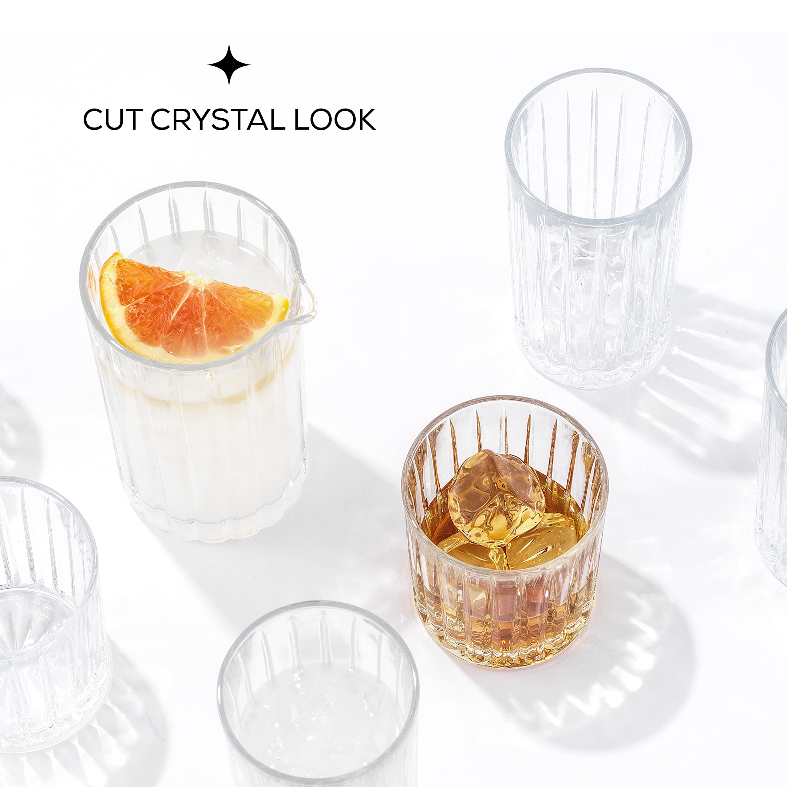 JoyJolt Drinking Glasses Set of 8, Alina Ribbed Glassware. 12oz Rocks Glasses and 14oz Highball Glasses. Cocktail Glasses, Iced Coffee Cup or Water Glasses. Heavy Base Glassware Set