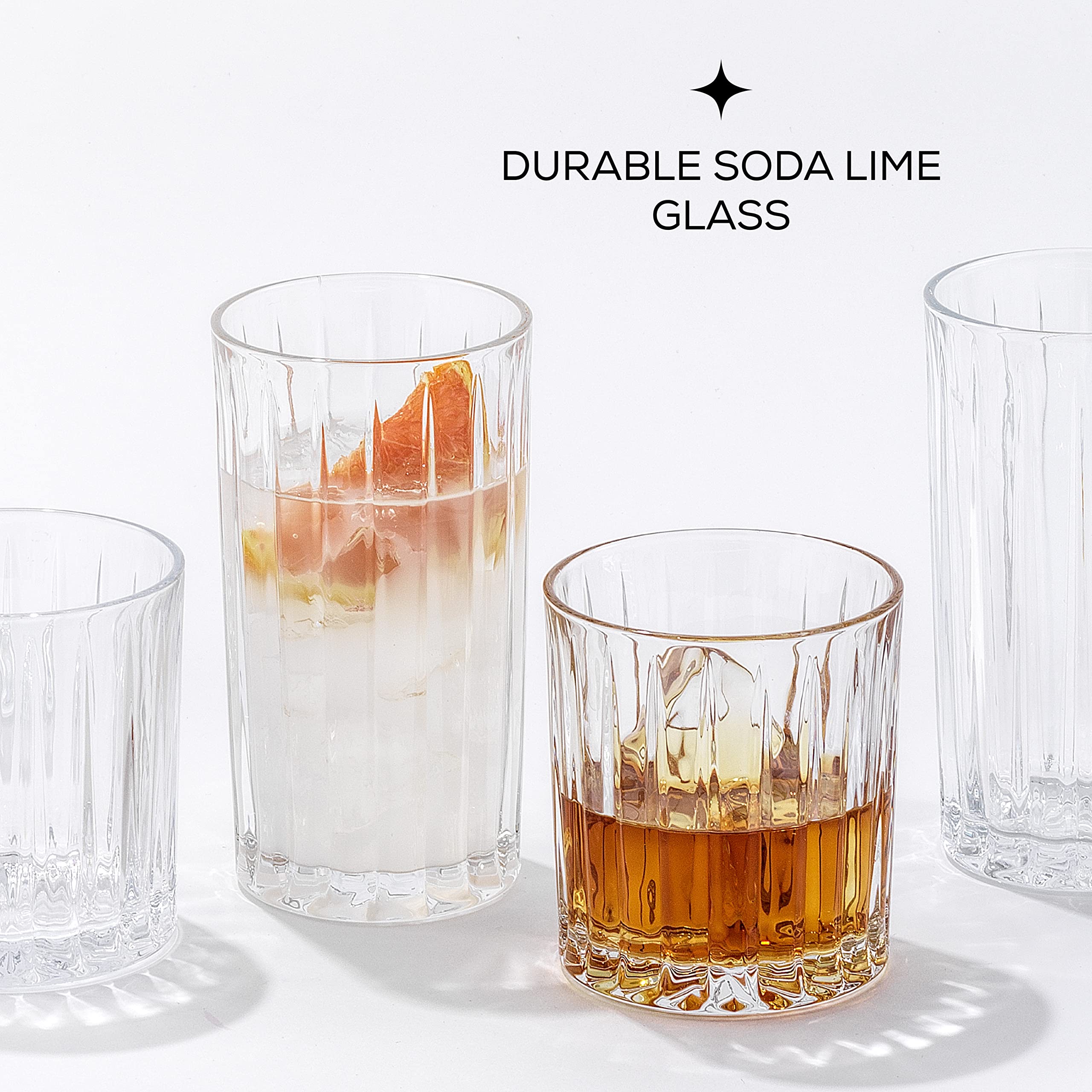 JoyJolt Drinking Glasses Set of 8, Alina Ribbed Glassware. 12oz Rocks Glasses and 14oz Highball Glasses. Cocktail Glasses, Iced Coffee Cup or Water Glasses. Heavy Base Glassware Set