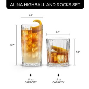 JoyJolt Drinking Glasses Set of 8, Alina Ribbed Glassware. 12oz Rocks Glasses and 14oz Highball Glasses. Cocktail Glasses, Iced Coffee Cup or Water Glasses. Heavy Base Glassware Set