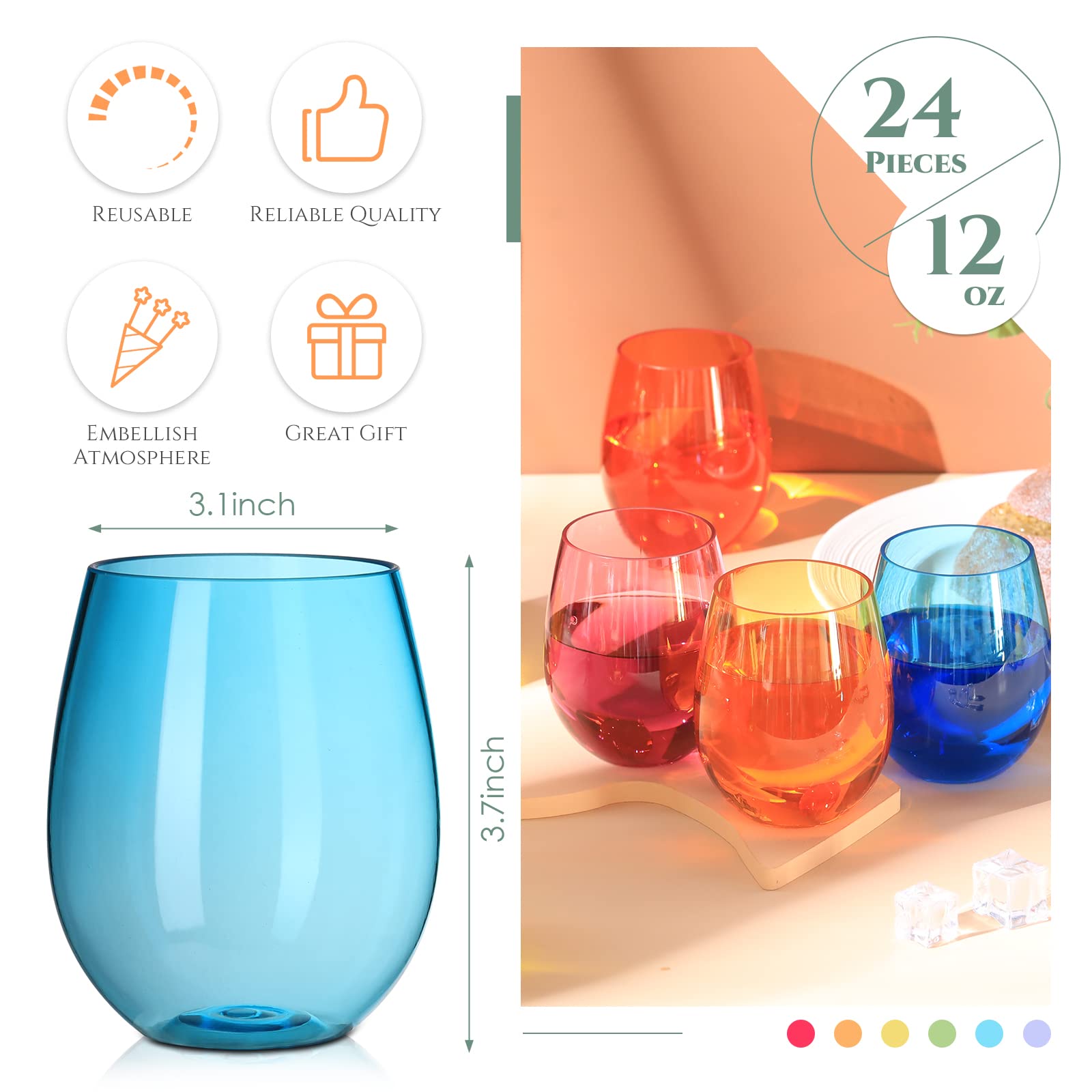 24 Pack 12oz Plastic Stemless Wine Glasses set Colored Plastic Reusable Wine Shatterproof BPA Free Wine Glasses Bulk Party Stemless Wine Glasses Cups for Indoor Outdoor Dining Wine Supplies 6 Colors