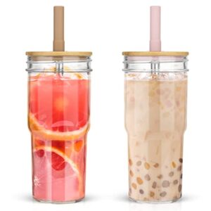 zukro 24 oz glass tumbler cup with bamboo lid and straw 2 pack, mason jar drinking glasses, boba tea cup, wide mouth glass bottle for smoothie, iced coffee, juice, water, bpa free, dishwasher safe