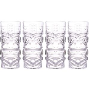 Clear Tiki Glasses, Set of 4 - 450 ML - Perfect for Exotic Cocktails, Lemonade, Ice Tea, Mixed Drinks- Exotic Zombie, Rum, Mai Tai, Pina Colada, Punch, Hurricane, Bar Drinkware