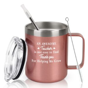 teacher gift - teacher stainless steel coffee mug, awesome teacher double wall travel mug 12oz, teacher appreciation gift, thank you gift, birthday gift, christmas gift for teachers (12oz, rose gold)