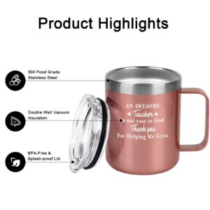 Teacher Gift - Teacher Stainless Steel Coffee Mug, Awesome Teacher Double Wall Travel Mug 12Oz, Teacher Appreciation Gift, Thank you Gift, Birthday Gift, Christmas Gift for Teachers (12Oz, Rose Gold)