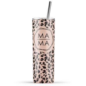 younique designs leopard mama coffee tumbler with straw and lid, 20 oz, insulated stainless steel skinny tumbler for women, cheetah print mom tea tumbler, mom life water tumbler cup