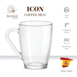 Bormioli Rocco Glass Coffee Mug Set, (6 Pack) 10¾ Ounce with Convenient Handle, Tea Glasses for Hot/Cold Beverages, Thermal Shock Resistant, Tempered Glass, for Cappuccino, Latte, Espresso, clear.