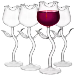 mezchi set of 4 rose cocktail glass, flower red wine glass, crystal clear rose goblet glasses, stem champagne flutes drinkware for mother's day gift, wedding, party, dinner, birthday