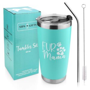 sips & gifts fur mama - fun presents for dog lover, cat lover - 20 oz mint stainless steel vacuum insulated travel tumbler with lid and straw - perfect travel mug for a fur mama
