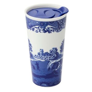 spode blue italian travel mug | made of porcelain | travel tumbler for coffee and tea | hot water cup | dishwasher and microwave safe (12 oz)
