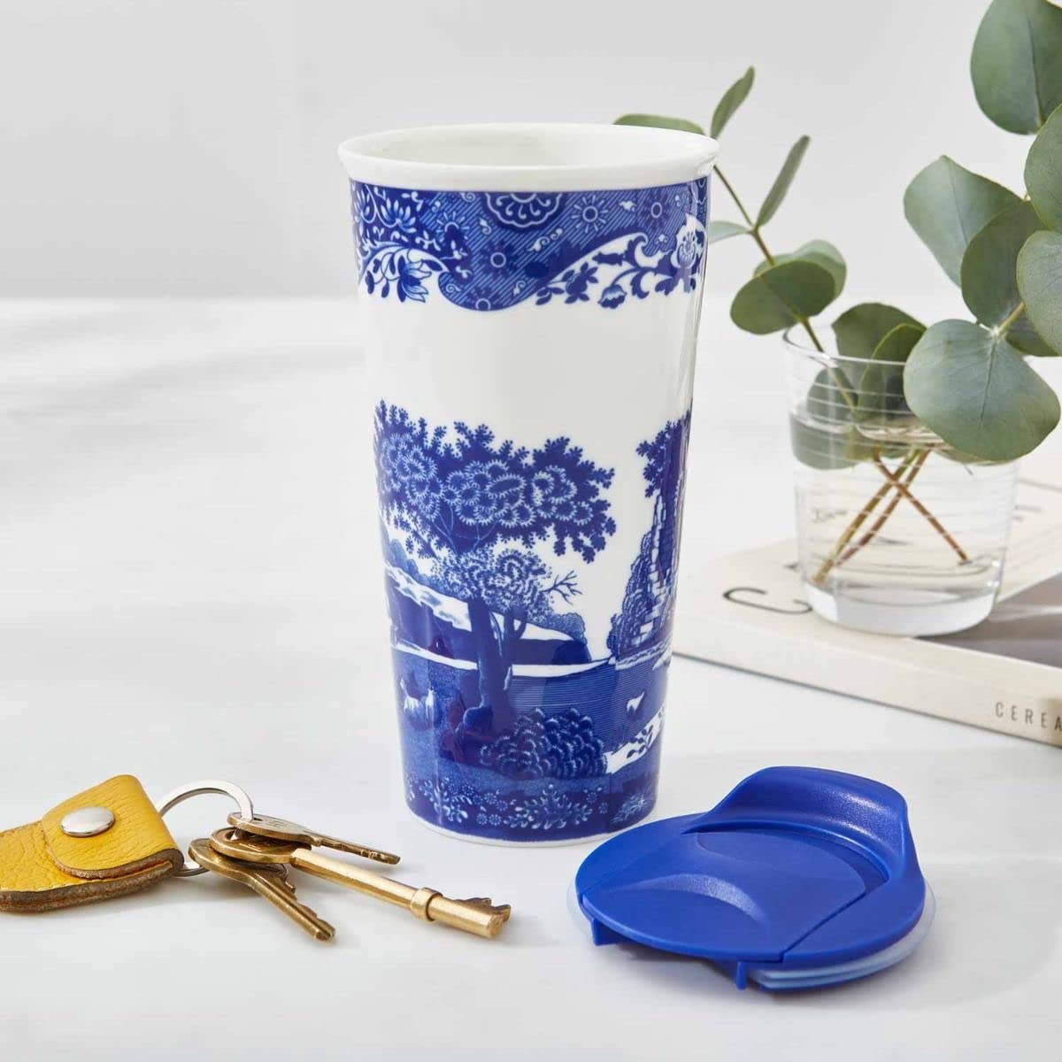 Spode Blue Italian Travel Mug | Made of Porcelain | Travel Tumbler for Coffee and Tea | Hot Water Cup | Dishwasher and Microwave Safe (12 oz)