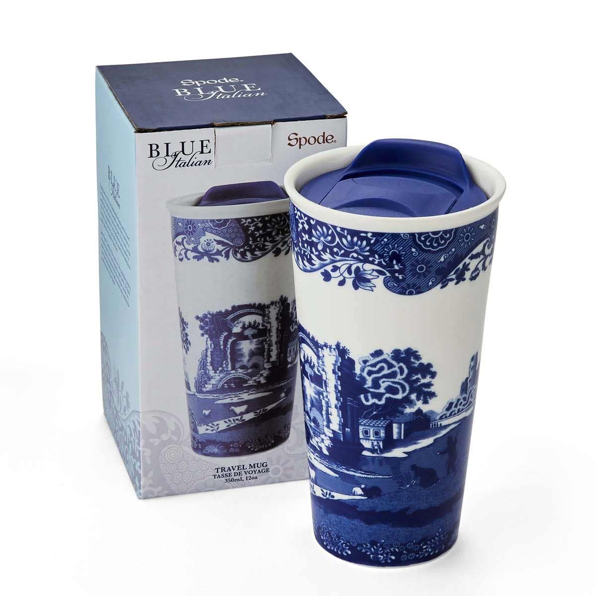 Spode Blue Italian Travel Mug | Made of Porcelain | Travel Tumbler for Coffee and Tea | Hot Water Cup | Dishwasher and Microwave Safe (12 oz)