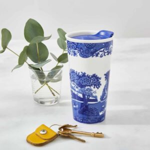 Spode Blue Italian Travel Mug | Made of Porcelain | Travel Tumbler for Coffee and Tea | Hot Water Cup | Dishwasher and Microwave Safe (12 oz)