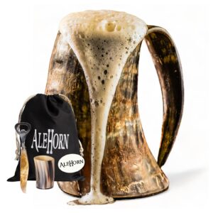 alehorn viking horn mug, shot glass and bottle opener bundle | viking drinking horn set | viking horn cup, viking mug gift ideas for him - viking drinking horn mug set for beer, ale or mead - 16 oz