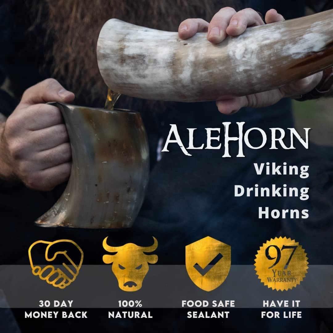 AleHorn Viking Horn Mug, Shot Glass and Bottle Opener Bundle | Viking Drinking Horn Set | Viking Horn Cup, Viking Mug Gift Ideas For Him - Viking Drinking Horn Mug Set for Beer, Ale or Mead - 16 oz