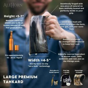 AleHorn Viking Horn Mug, Shot Glass and Bottle Opener Bundle | Viking Drinking Horn Set | Viking Horn Cup, Viking Mug Gift Ideas For Him - Viking Drinking Horn Mug Set for Beer, Ale or Mead - 16 oz