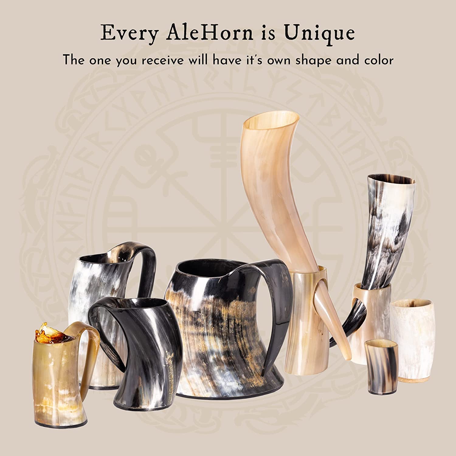 AleHorn Viking Horn Mug, Shot Glass and Bottle Opener Bundle | Viking Drinking Horn Set | Viking Horn Cup, Viking Mug Gift Ideas For Him - Viking Drinking Horn Mug Set for Beer, Ale or Mead - 16 oz