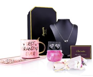rarva grandma gifts -thank you gifts basket for birthday mothers day include silver heart necklace earrings coffee mug set candle flower grandmother personized gift basket