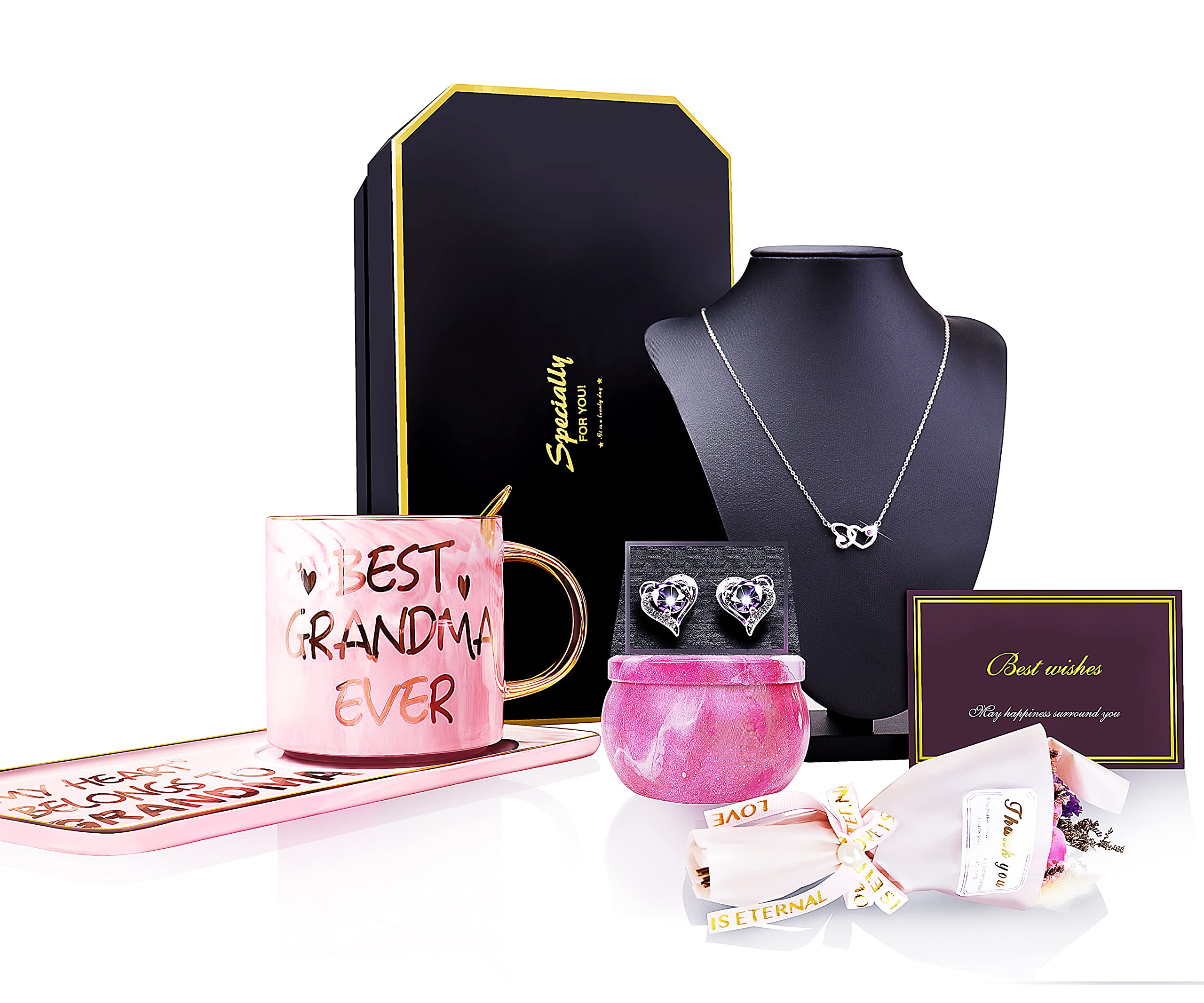 RARVA Grandma Gifts -Thank You Gifts Basket for Birthday Mothers Day Include Silver Heart Necklace Earrings Coffee Mug Set Candle Flower Grandmother Personized Gift Basket