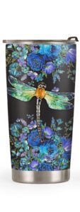 64hydro 20oz dragonfly gifts for women, valentines day gifts for her, coffee thermos, coffee gifts for women, inspirational blue flower dragonfly tumbler cup, insulated travel coffee mug with lid