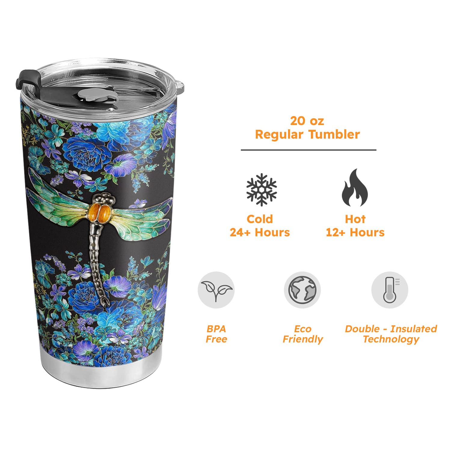 64HYDRO 20oz Dragonfly Gifts for Women, Valentines Day Gifts for Her, Coffee Thermos, Coffee Gifts for Women, Inspirational Blue Flower Dragonfly Tumbler Cup, Insulated Travel Coffee Mug with Lid