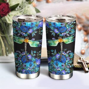 64HYDRO 20oz Dragonfly Gifts for Women, Valentines Day Gifts for Her, Coffee Thermos, Coffee Gifts for Women, Inspirational Blue Flower Dragonfly Tumbler Cup, Insulated Travel Coffee Mug with Lid