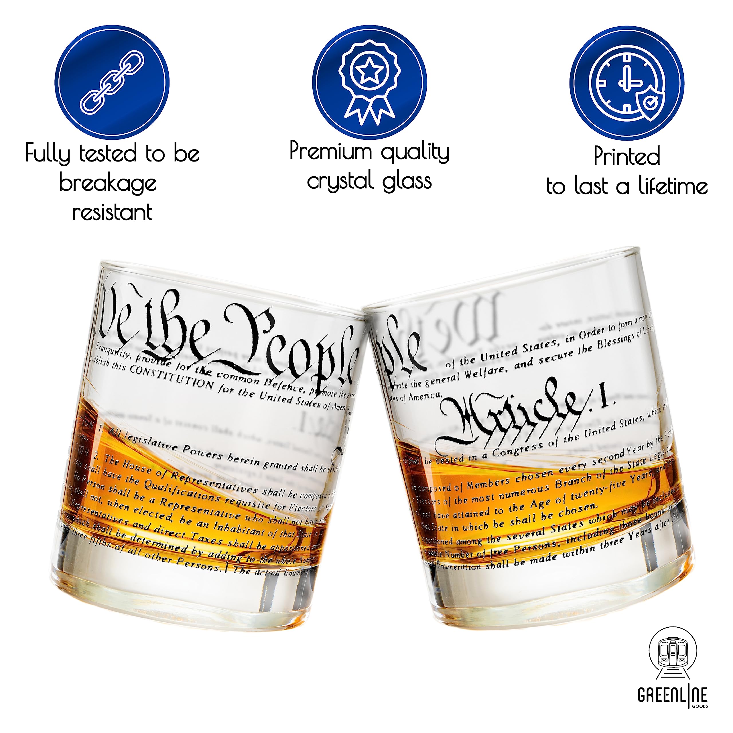 Greenline Goods Whiskey Glasses – United States Constitution We The People (Set of 2) - 10 oz Tumblers - American US Patriotic Gift Set - Old Fashioned Cocktail Glasses