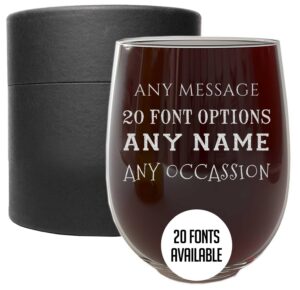 personalized etched 17oz stemless wine glass tumbler – wine gifts for women - unique customized gifts for mother's day – custom gifts for wine lover gifts - gifts for her, message, your text here
