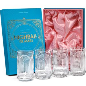 vintage art deco 1920s highball cocktail glasses | set of 4 | 14 oz tall crystal tumblers for drinking mojito, whiskey highball, gin rickey, classic long bar drinks | large hiball glassware