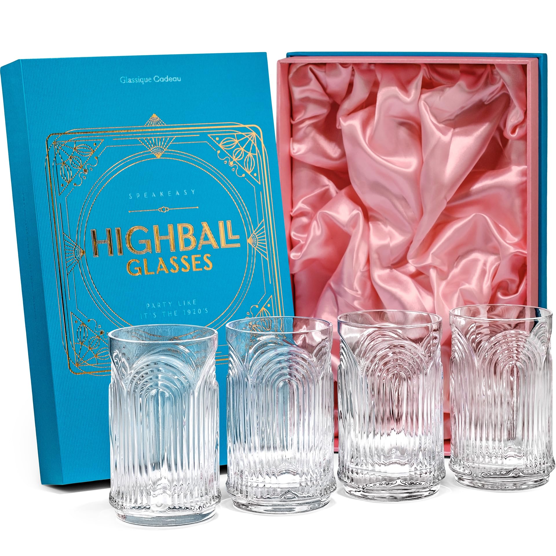 Vintage Art Deco 1920s Highball Cocktail Glasses | Set of 4 | 14 oz Tall Crystal Tumblers for Drinking Mojito, Whiskey Highball, Gin Rickey, Classic Long Bar Drinks | Large Hiball Glassware