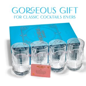 Vintage Art Deco 1920s Highball Cocktail Glasses | Set of 4 | 14 oz Tall Crystal Tumblers for Drinking Mojito, Whiskey Highball, Gin Rickey, Classic Long Bar Drinks | Large Hiball Glassware