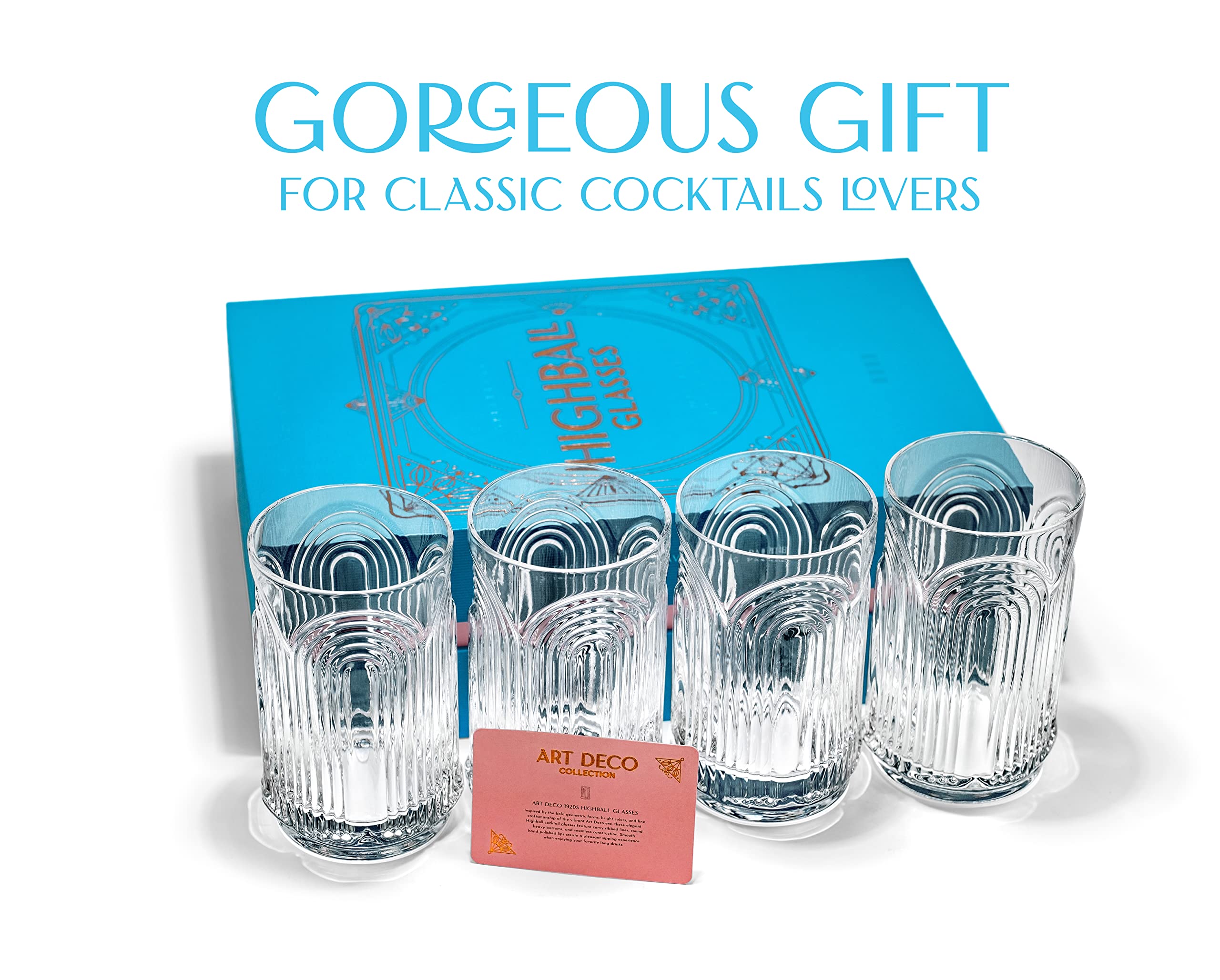 Vintage Art Deco 1920s Highball Cocktail Glasses | Set of 4 | 14 oz Tall Crystal Tumblers for Drinking Mojito, Whiskey Highball, Gin Rickey, Classic Long Bar Drinks | Large Hiball Glassware