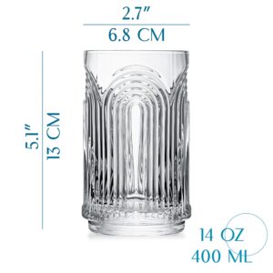 Vintage Art Deco 1920s Highball Cocktail Glasses | Set of 4 | 14 oz Tall Crystal Tumblers for Drinking Mojito, Whiskey Highball, Gin Rickey, Classic Long Bar Drinks | Large Hiball Glassware