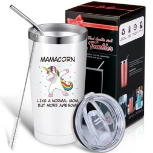 mamacorn tumbler cup mothers day gifts from daughter son funny unicorn wine tumbler, mamacorn like a normal mom but more awesome stainless steel insulated cup, 20 oz travel mug with straw lid gift box