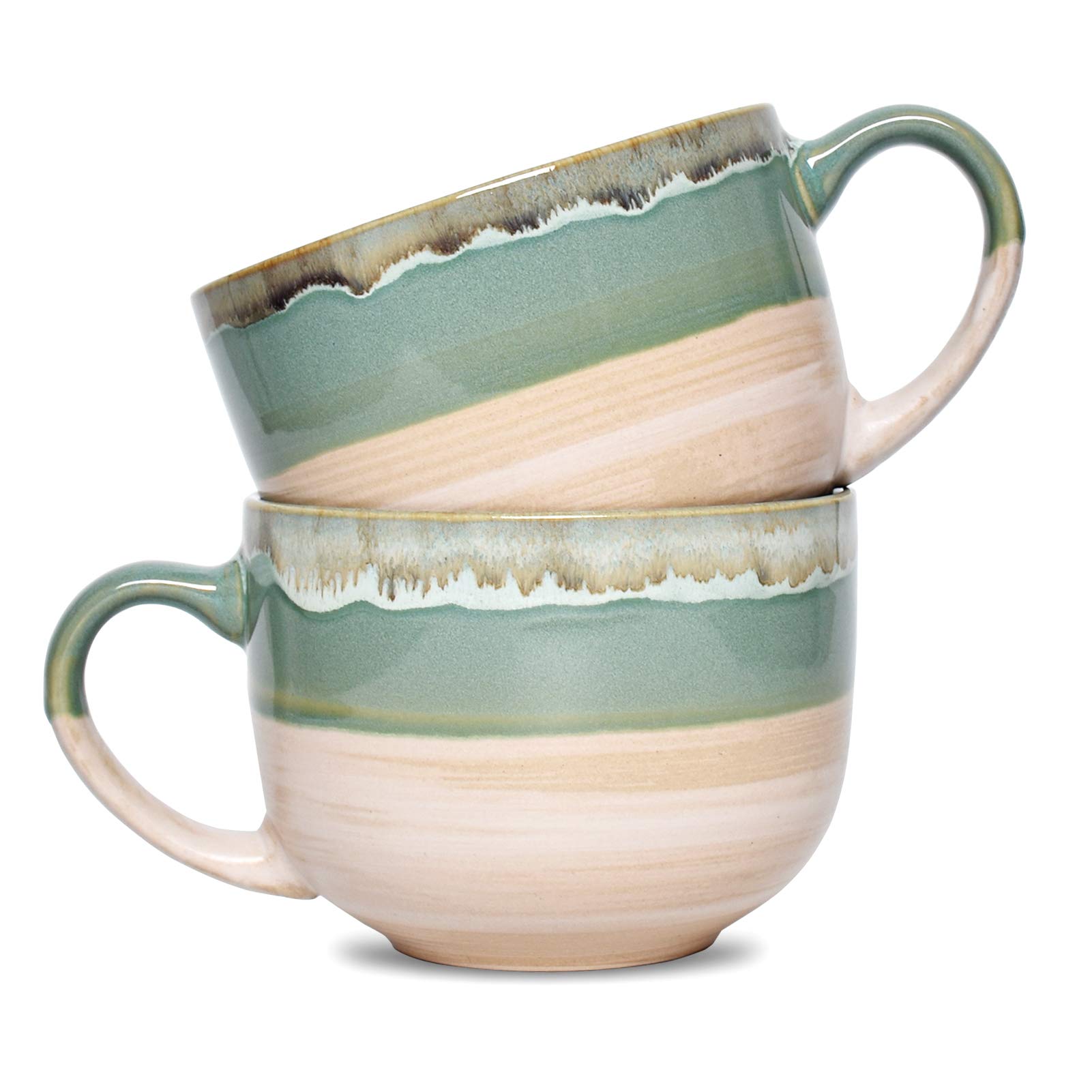 Bosmarlin Large Ceramic Coffee Mug Set of 2, Stoneware Jumbo Latte Mugs for Office and Home, 16 Oz, Dishwasher and Microwave Safe(Green, 2)