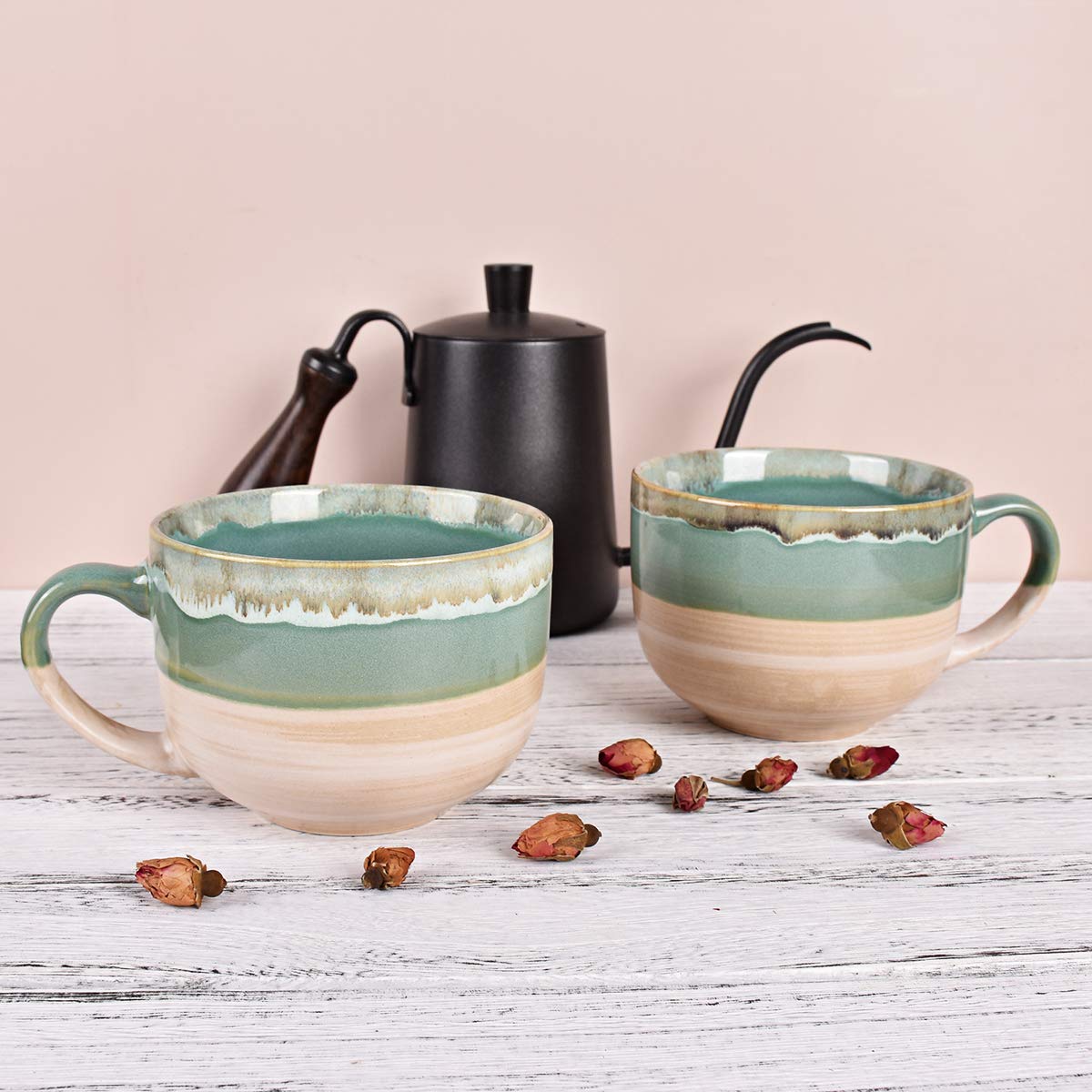 Bosmarlin Large Ceramic Coffee Mug Set of 2, Stoneware Jumbo Latte Mugs for Office and Home, 16 Oz, Dishwasher and Microwave Safe(Green, 2)