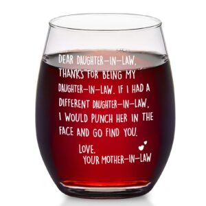 modwnfy daughter in law gifts from mother in law, mothers day gifts for daughter in law, thanks for being my daughter in law stemless wine glass, funny daughter in law wine glass, 15 oz