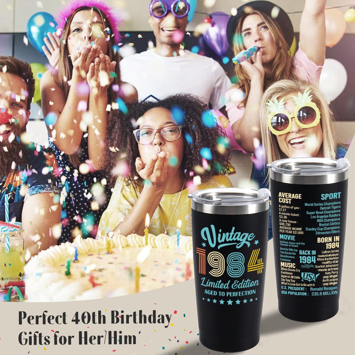 Henghere 40th Birthday Gifts for Men women, 40 Years Old Birthday Gift for Him Her, 1984 Forty Birthday Present, Happy 40th Birthday Tumbler Cup
