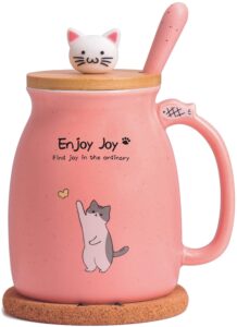 feify cute cat cup ceramic coffee mug with kawaii cat wooden lid, lovely stainless steel spoon, anime kitty thicken wooden coaster, christmas birthday gift cute thing japanese mug 16oz (pink)