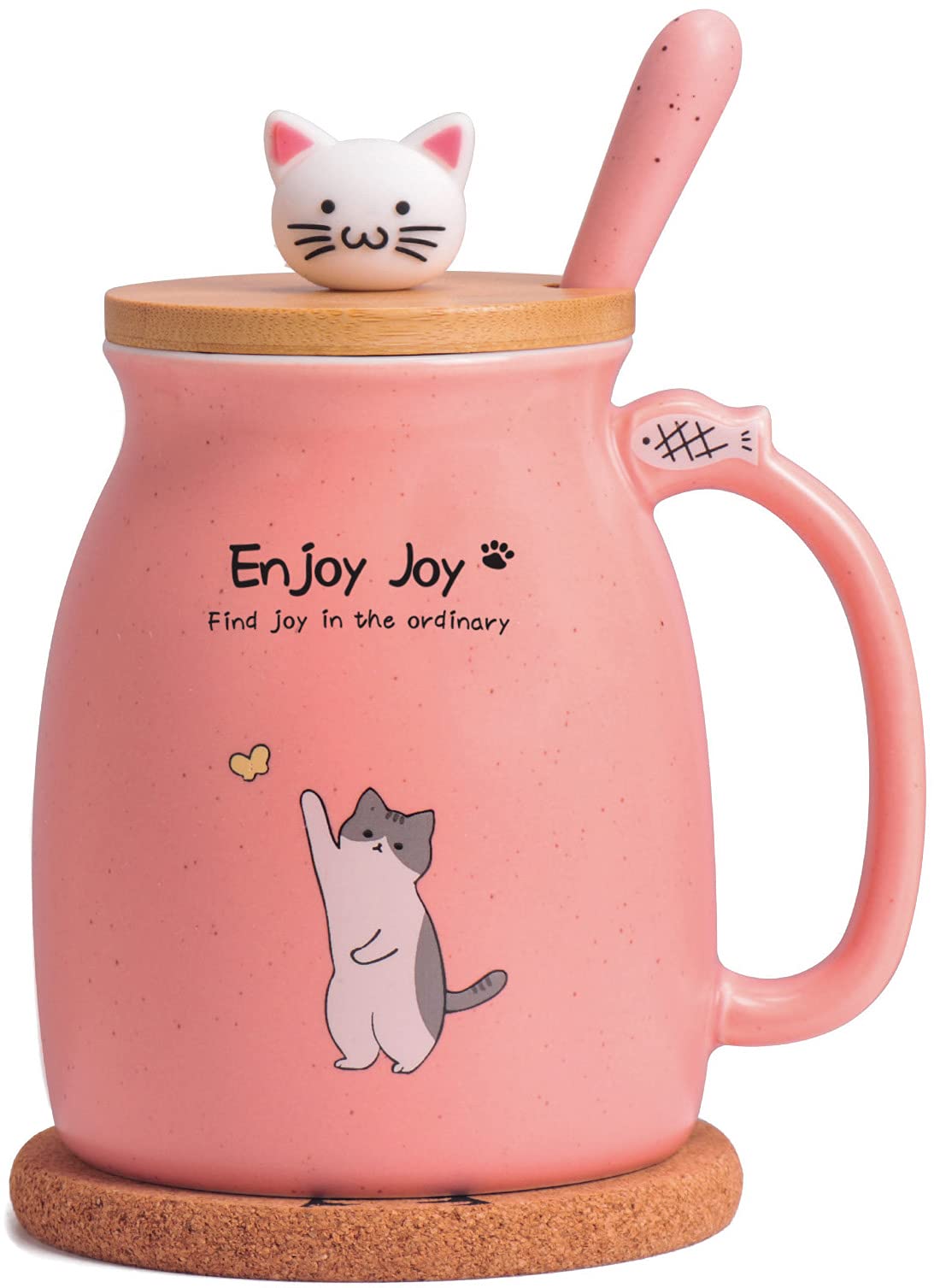 Feify Cute Cat Cup Ceramic Coffee Mug with Kawaii Cat Wooden Lid, Lovely Stainless Steel Spoon, Anime Kitty Thicken Wooden Coaster, Christmas Birthday Gift Cute Thing Japanese Mug 16oz (Pink)