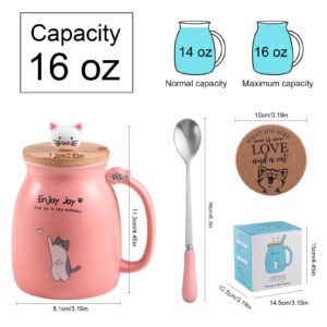 Feify Cute Cat Cup Ceramic Coffee Mug with Kawaii Cat Wooden Lid, Lovely Stainless Steel Spoon, Anime Kitty Thicken Wooden Coaster, Christmas Birthday Gift Cute Thing Japanese Mug 16oz (Pink)