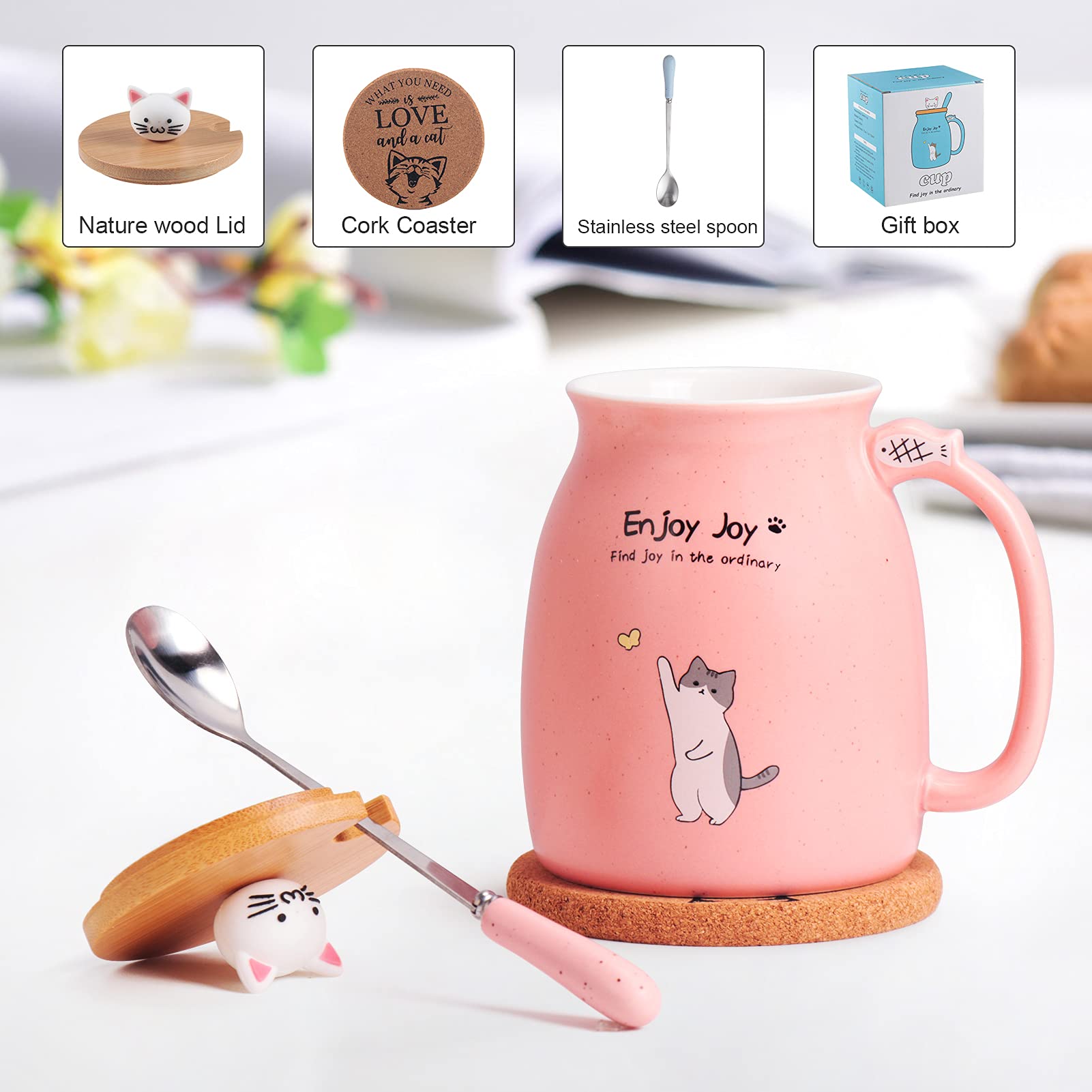 Feify Cute Cat Cup Ceramic Coffee Mug with Kawaii Cat Wooden Lid, Lovely Stainless Steel Spoon, Anime Kitty Thicken Wooden Coaster, Christmas Birthday Gift Cute Thing Japanese Mug 16oz (Pink)