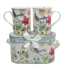 lightahead elegant bone china two coffee mugs set in blue bird design 11.2 oz each cup in attractive gift box