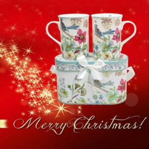 Lightahead Elegant Bone China Two Coffee Mugs set in Blue bird design 11.2 oz each cup in attractive gift box