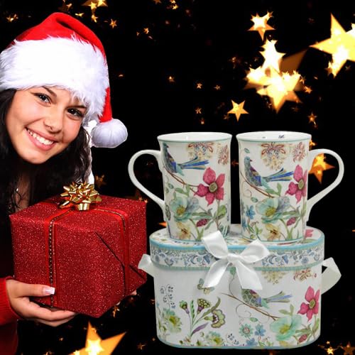Lightahead Elegant Bone China Two Coffee Mugs set in Blue bird design 11.2 oz each cup in attractive gift box