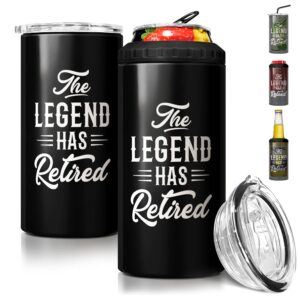 sandjest the legend has retired 4-in-1 design tumbler cup can cooler - 12oz stainless steel insulated cans coozie travel mug christmas, birthday, happy retirement gifts for coworkers, colleagues, men